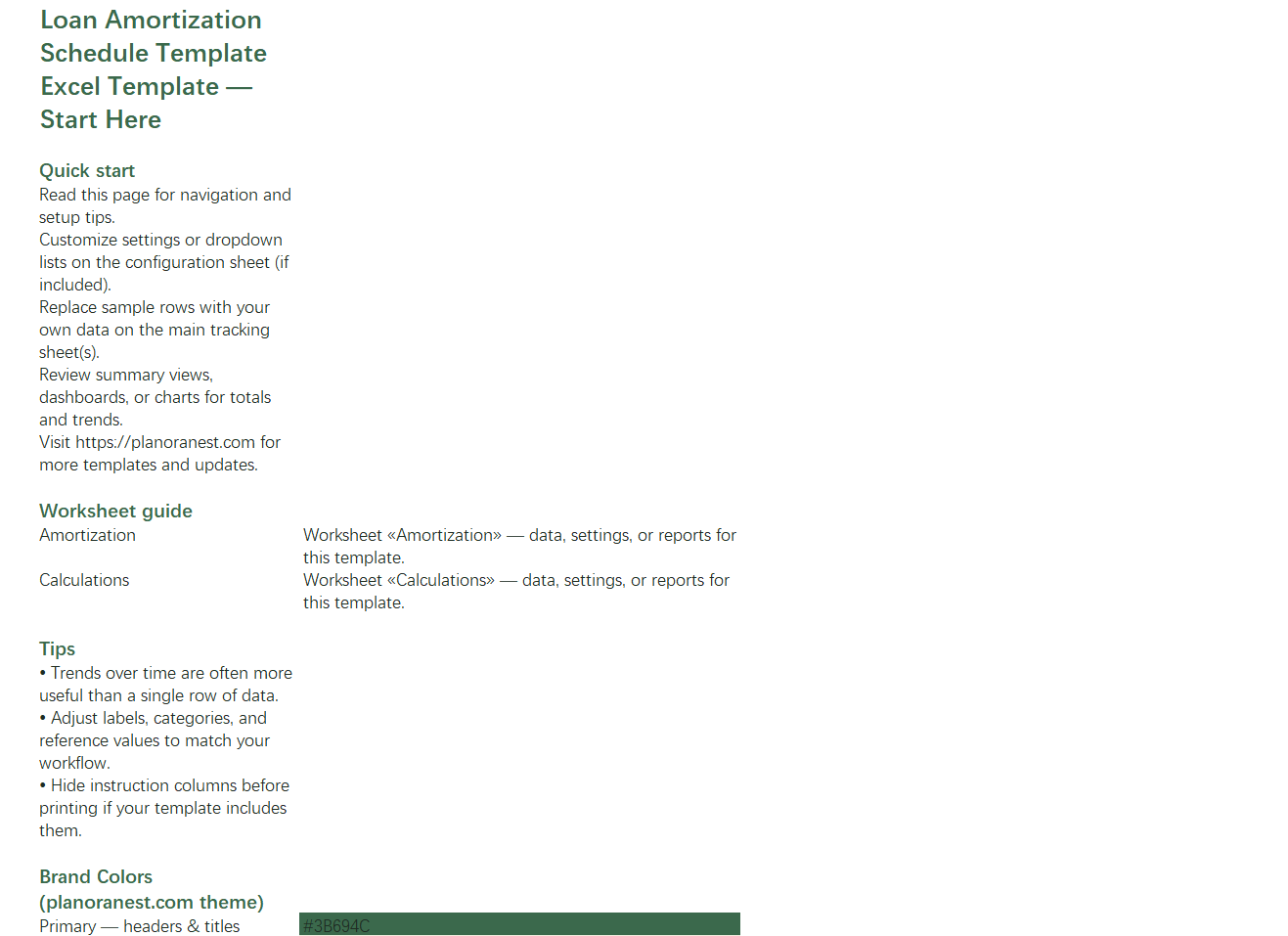 loan amortization schedule template excel start here screenshot — PlanoraNest Excel template