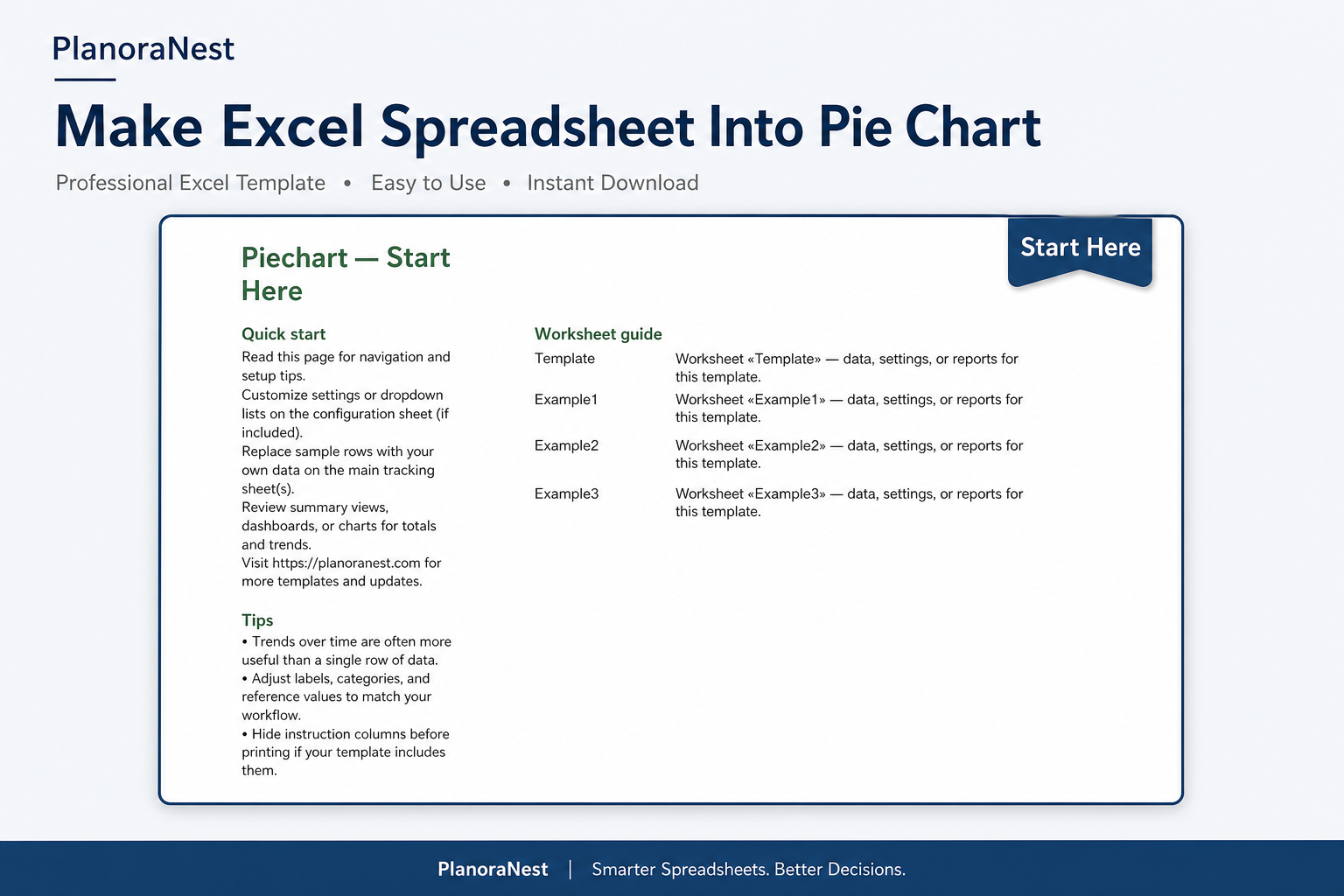 excel view spreadsheet pie chart start here screenshot -- PlanoraNest Excel template