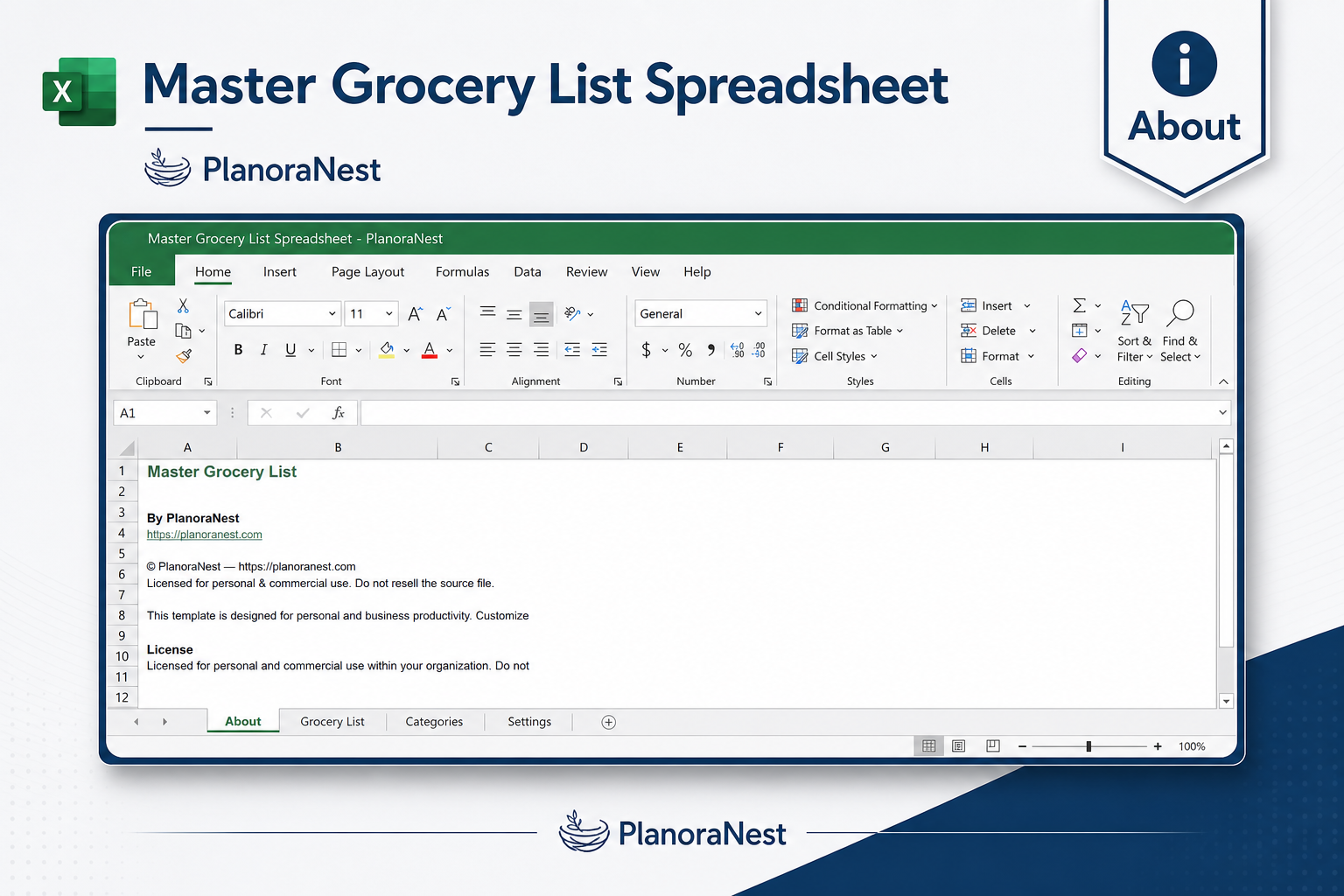master grocery list spreadsheet screenshot — PlanoraNest Excel template