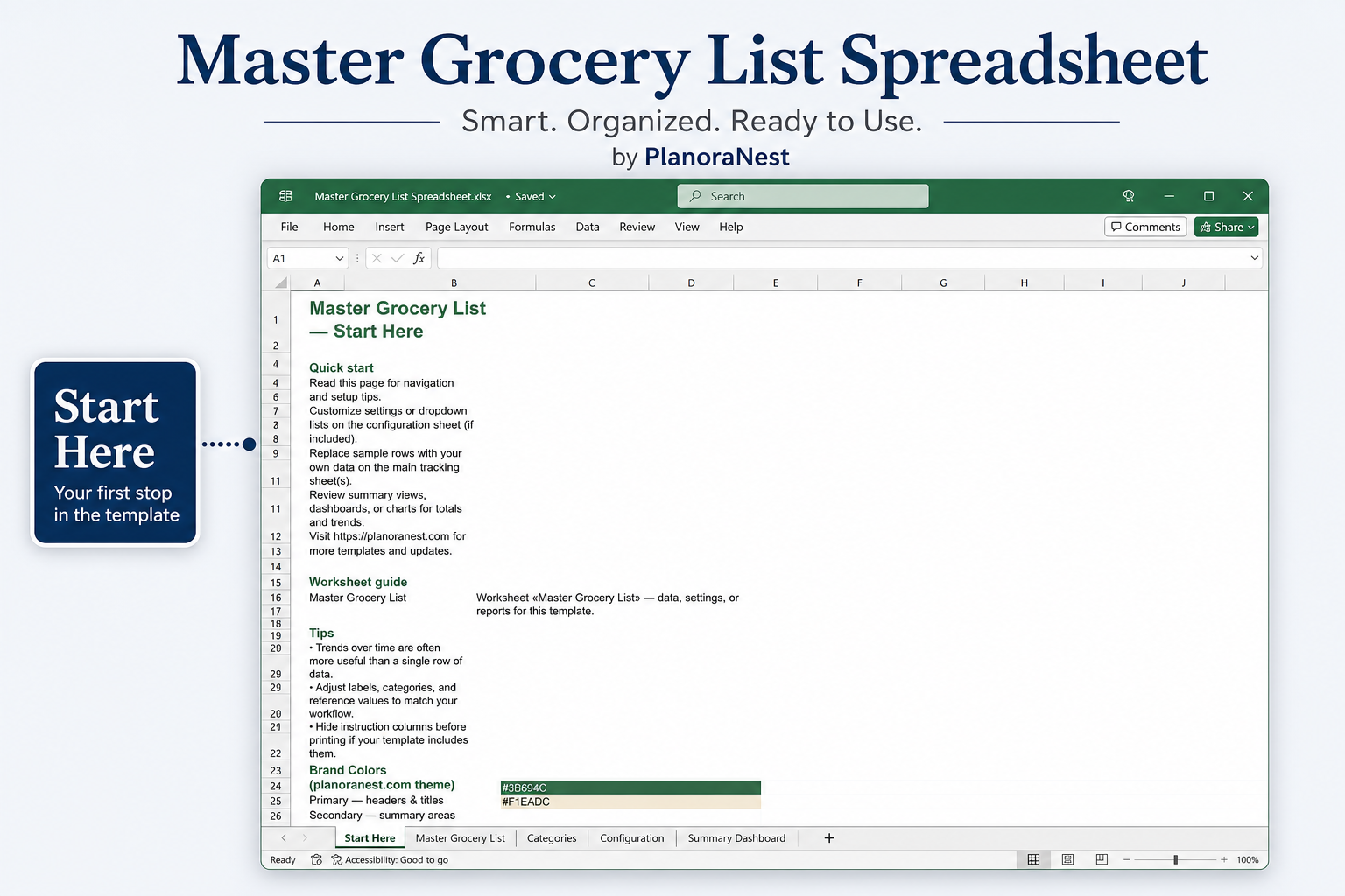 master grocery list spreadsheet start here screenshot — PlanoraNest Excel template