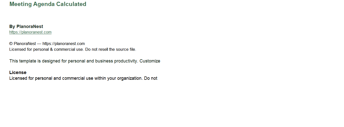 meeting agenda calculated excel template — Agenda sheet