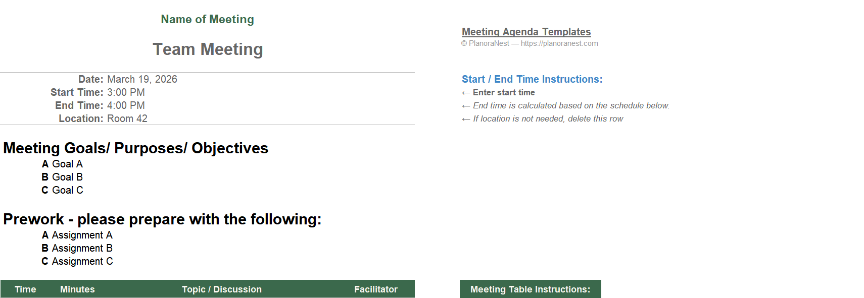 meeting agenda calculated excel screenshot — PlanoraNest Excel template
