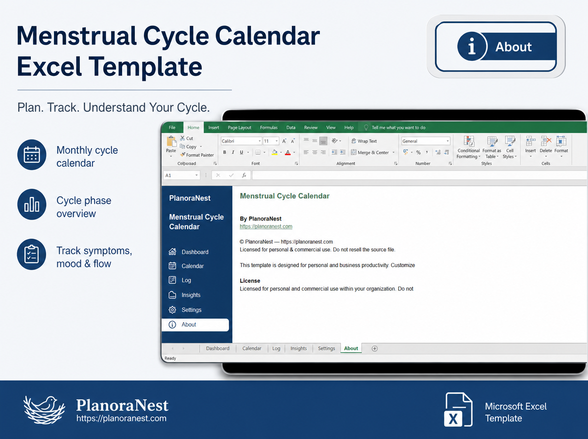 menstrual cycle calendar excel template — About sheet