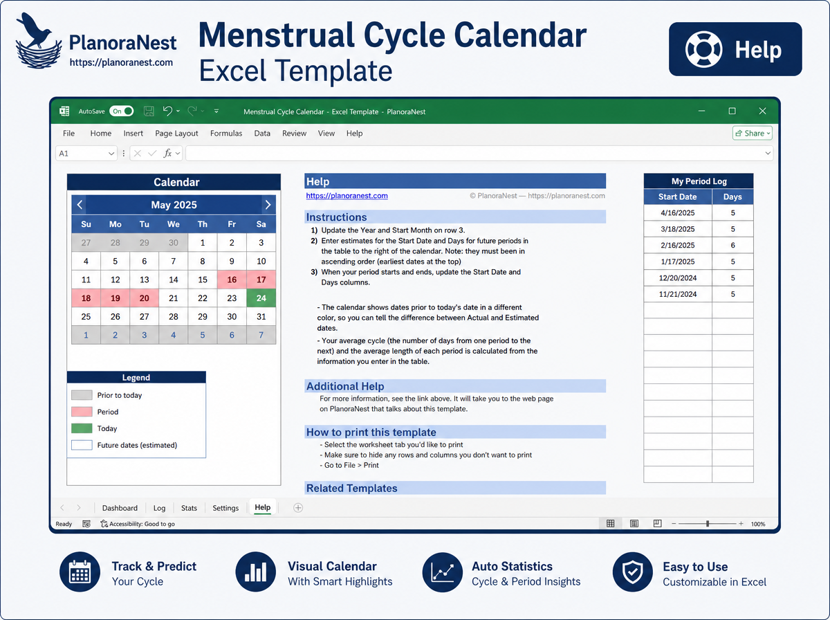 menstrual cycle calendar excel template — Help sheet