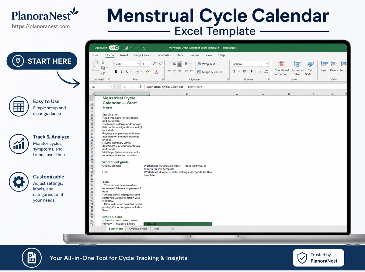 menstrual cycle calendar excel template — Start Here sheet
