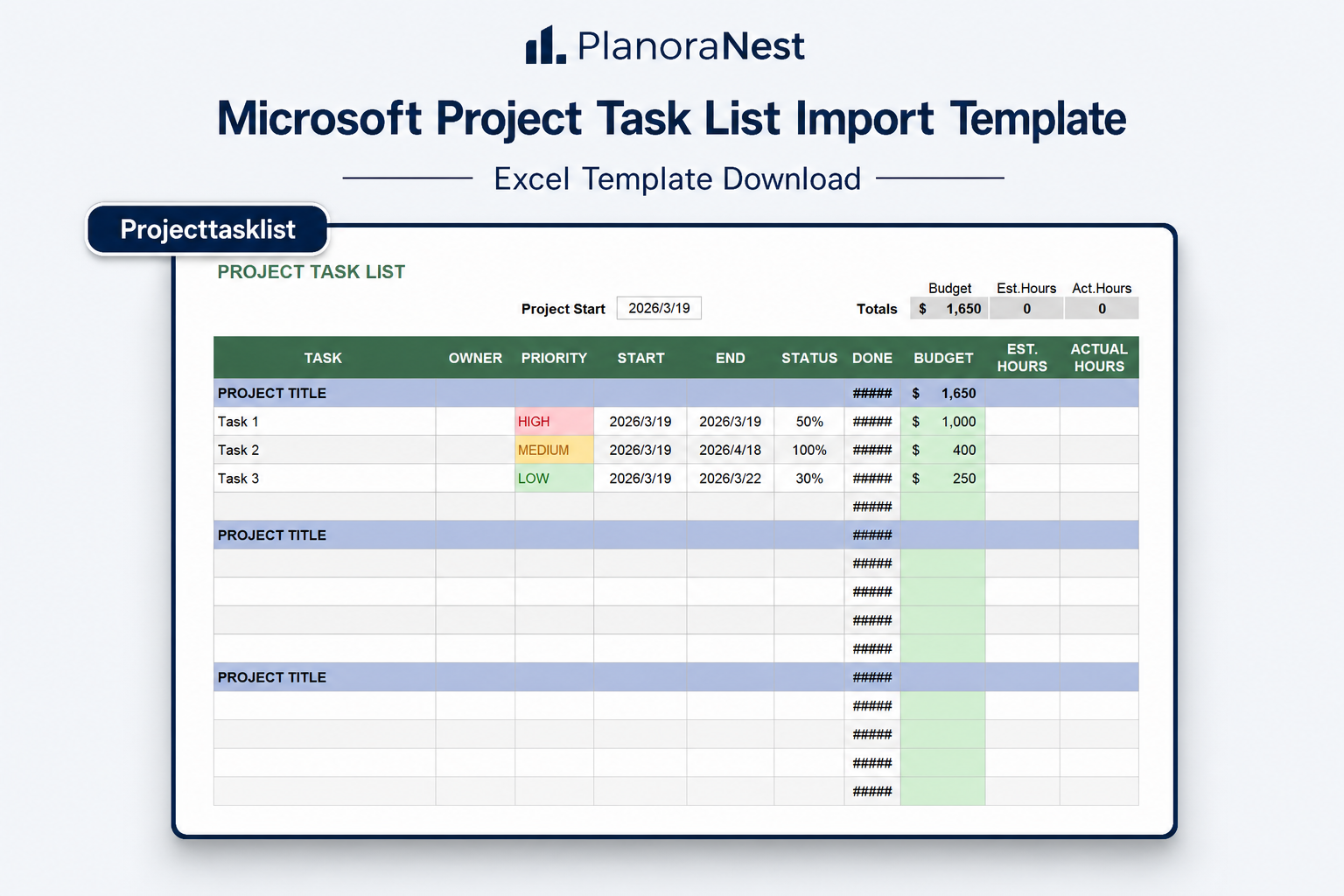 microsoft project task list excel screenshot — PlanoraNest Excel template