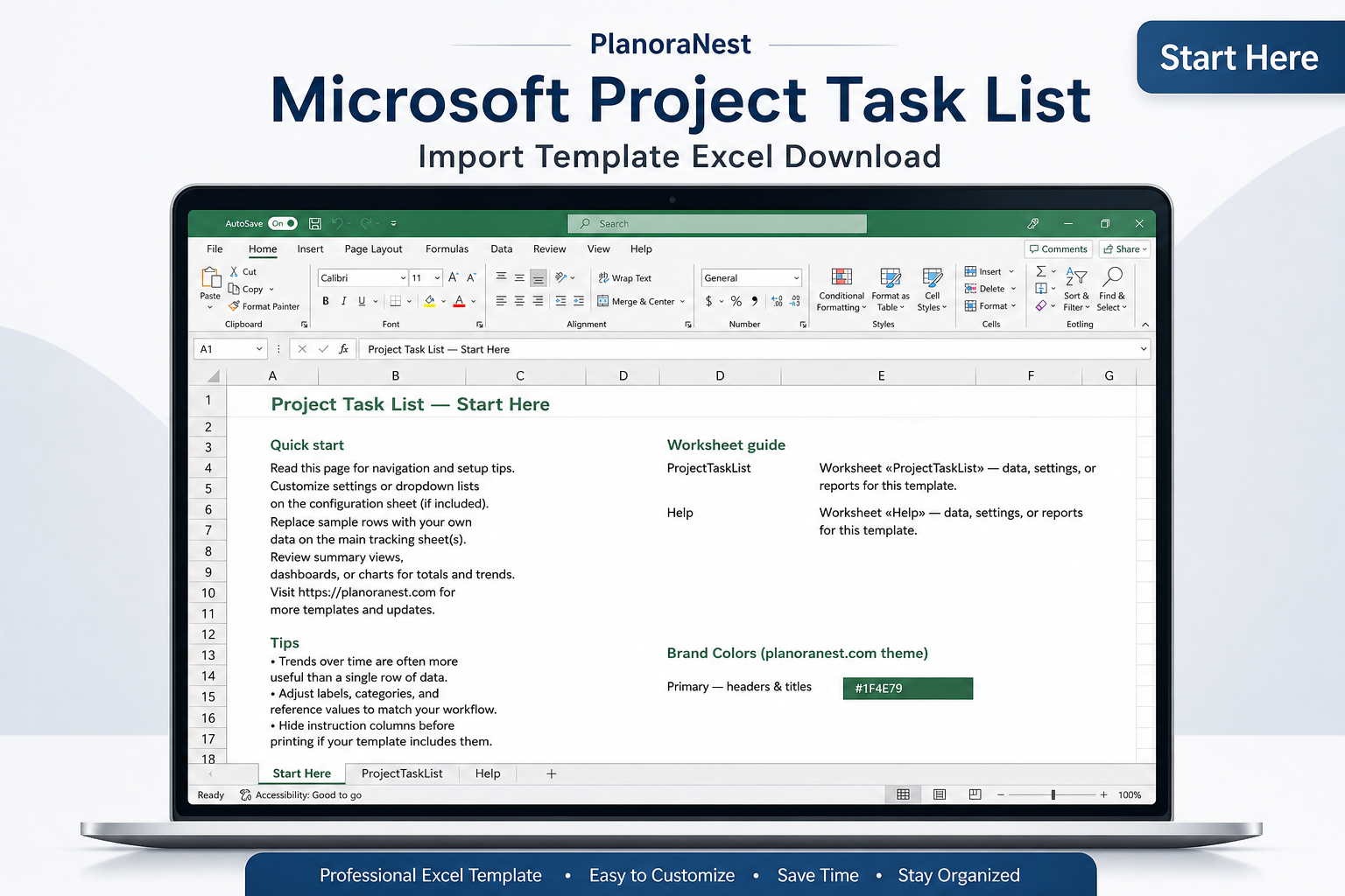 microsoft project task list excel start here screenshot — PlanoraNest Excel template