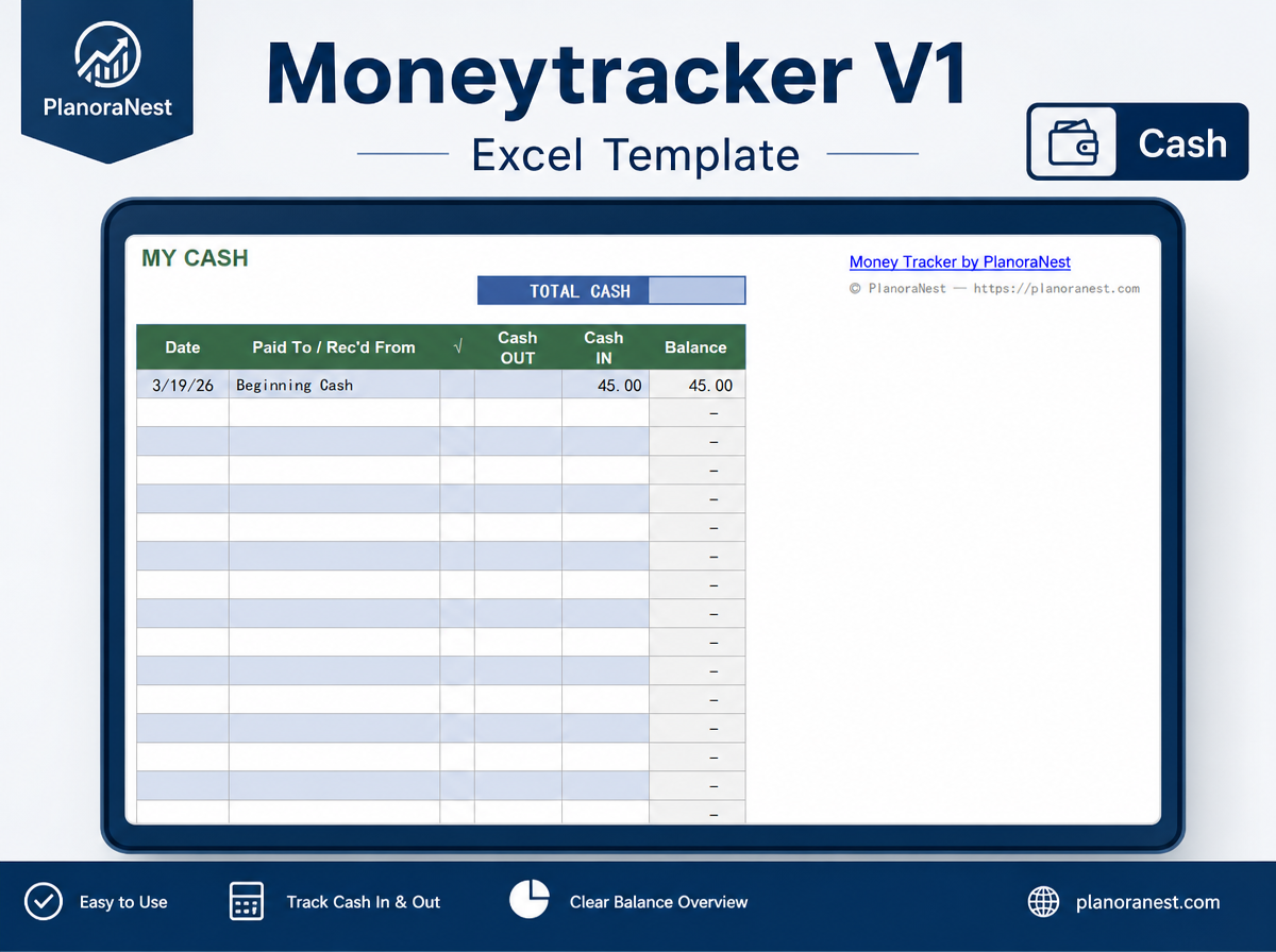 excel moneytracker v1 template screenshot — PlanoraNest Excel template