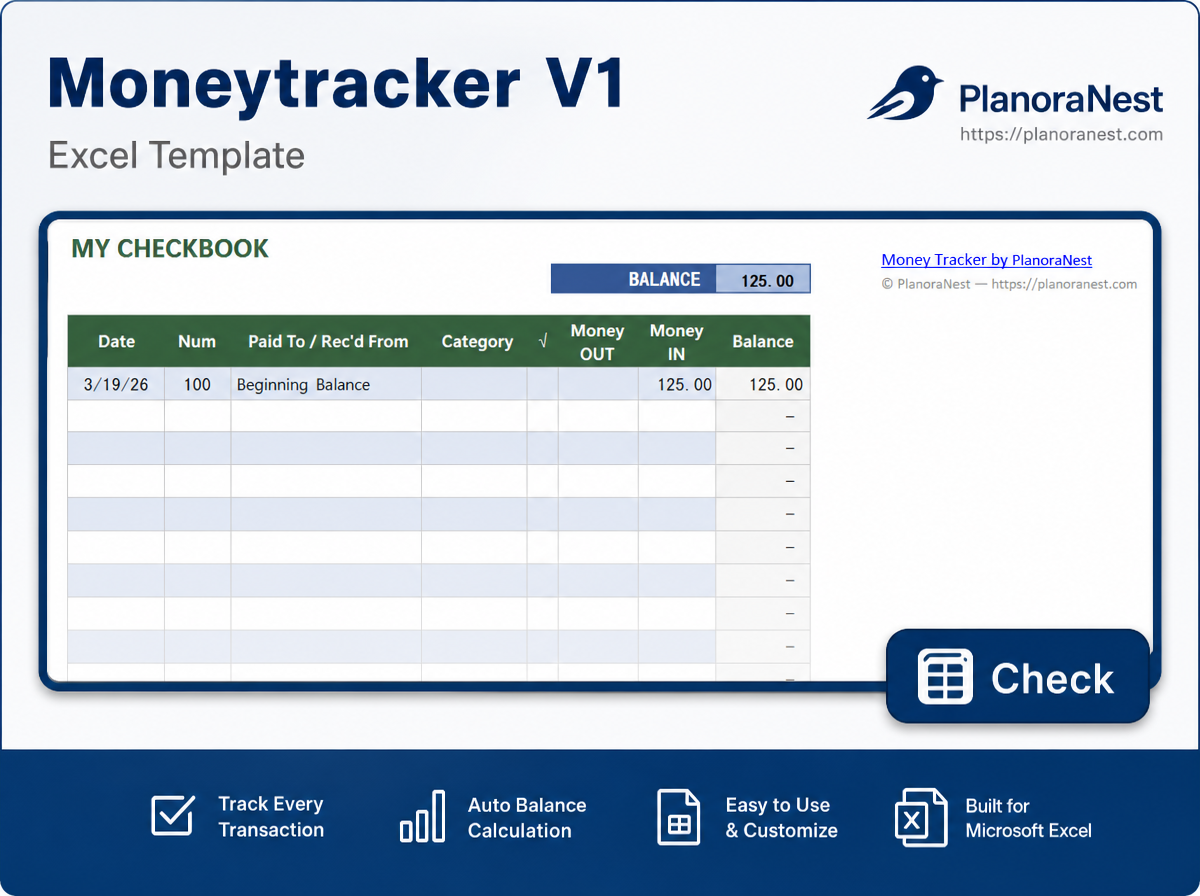 moneytracker v1 excel screenshot — PlanoraNest Excel template