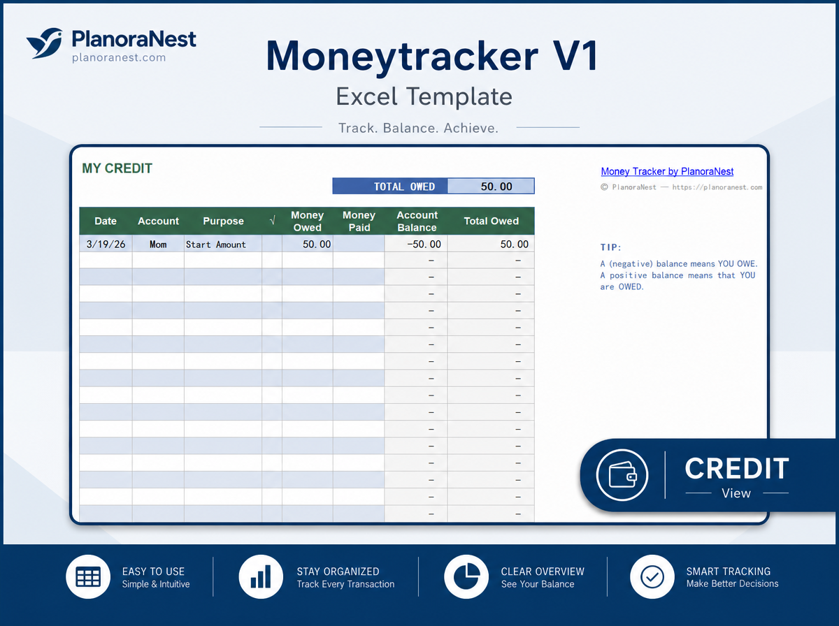 excel moneytracker v1 template screenshot — PlanoraNest Excel template