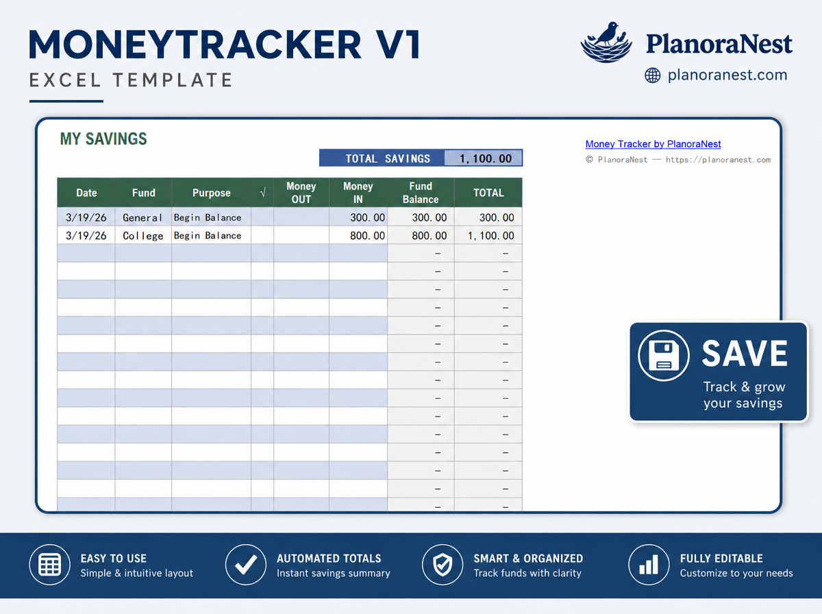 moneytracker v1 excel screenshot — PlanoraNest Excel template