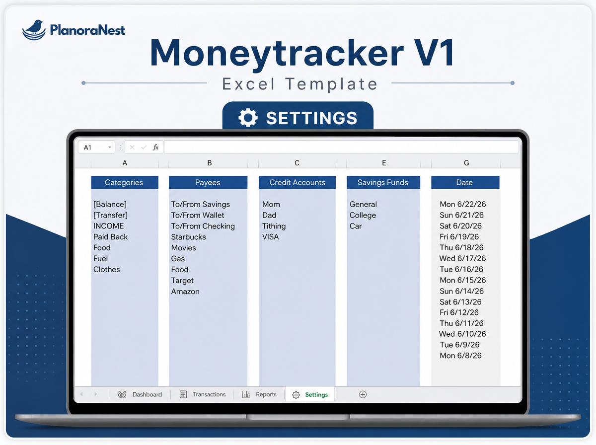 excel moneytracker v1 template screenshot — PlanoraNest Excel template