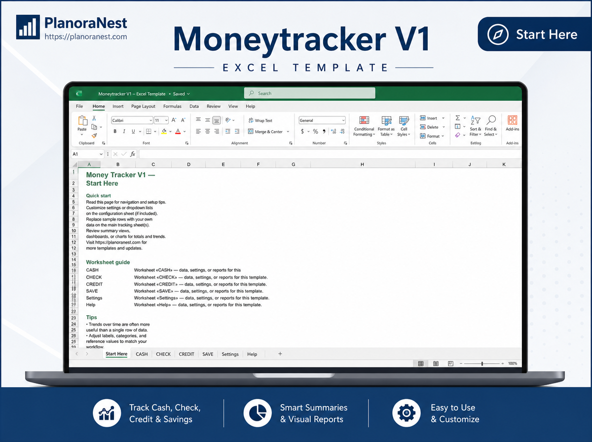 moneytracker v1 excel start here screenshot — PlanoraNest Excel template