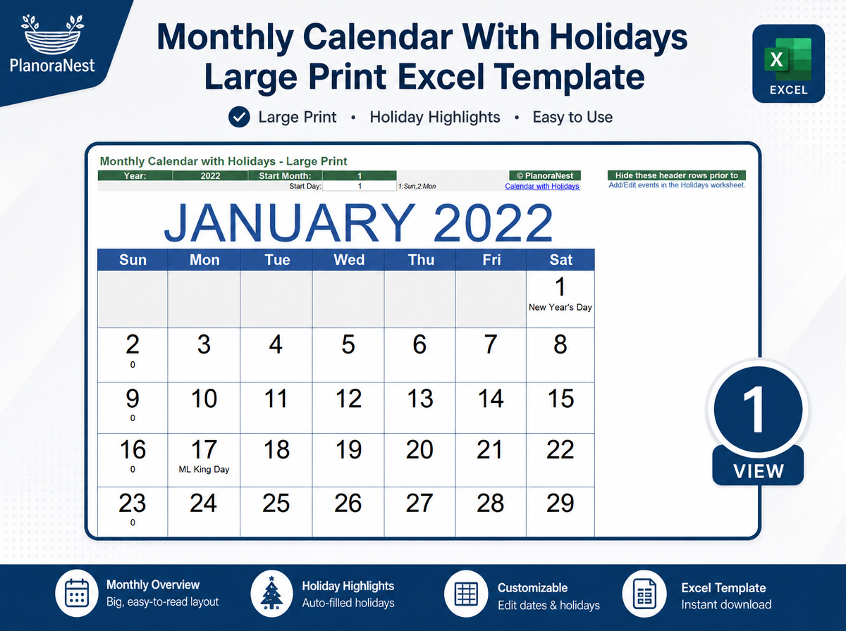 excel monthly calendar with holidays large print template screenshot — PlanoraNest Excel template