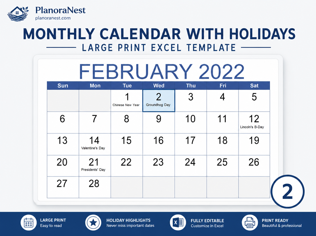 monthly calendar with holidays large print excel screenshot — PlanoraNest Excel template