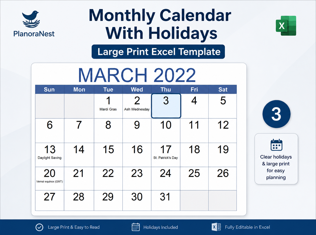 excel monthly calendar with holidays large print template screenshot — PlanoraNest Excel template