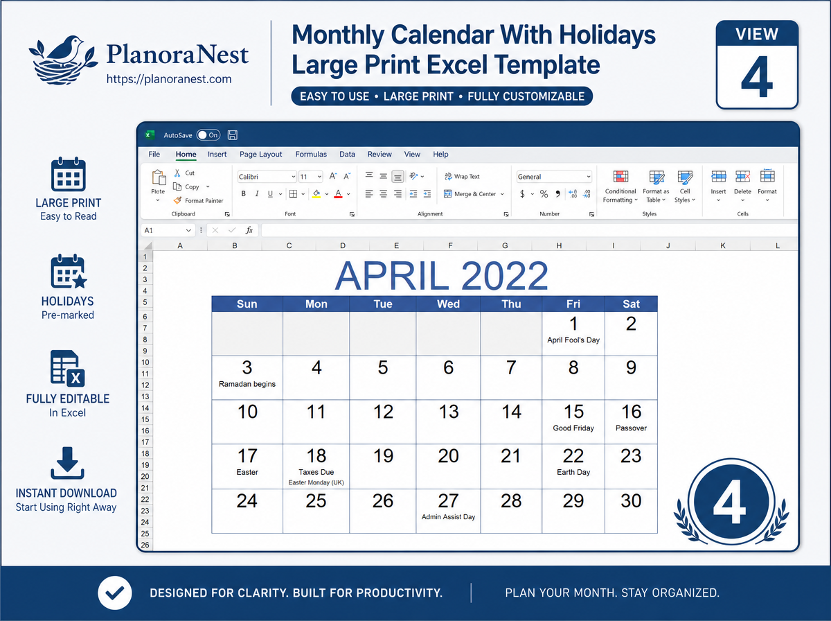 monthly calendar with holidays large print excel screenshot — PlanoraNest Excel template