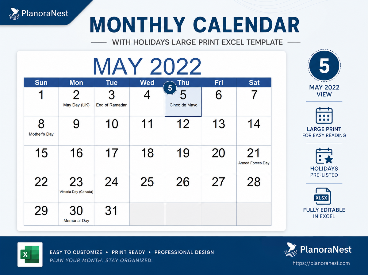 excel monthly calendar with holidays large print template screenshot — PlanoraNest Excel template