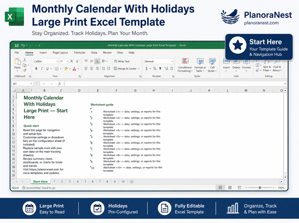 monthly calendar with holidays large print excel start here screenshot — PlanoraNest Excel template