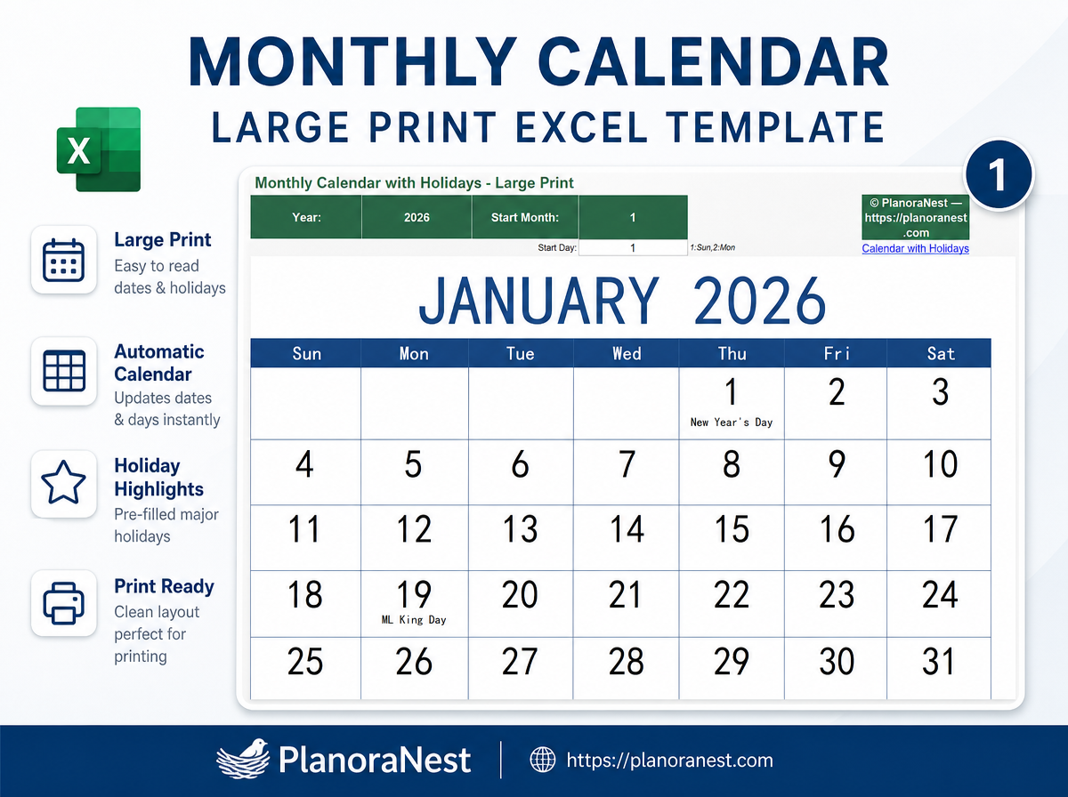 monthly calendar large print excel template — 1 sheet