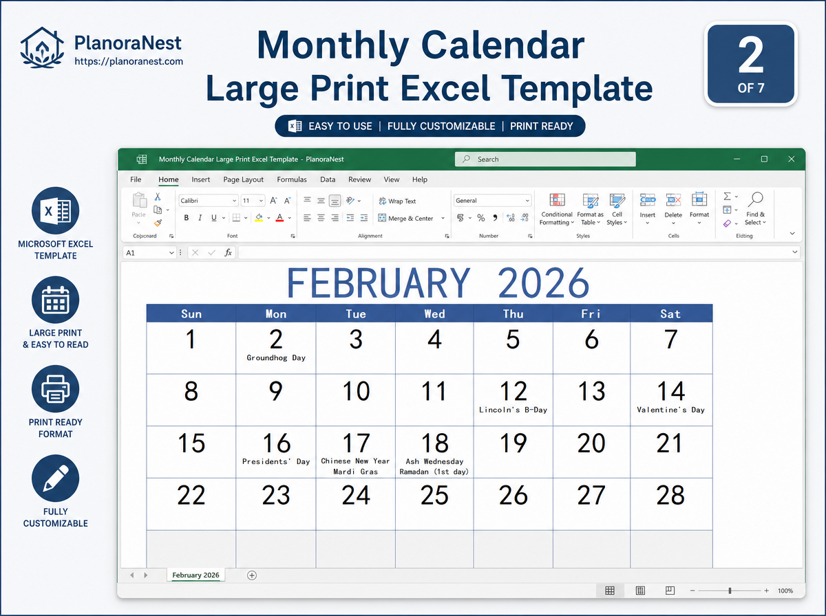 monthly calendar large print excel template — 2 sheet
