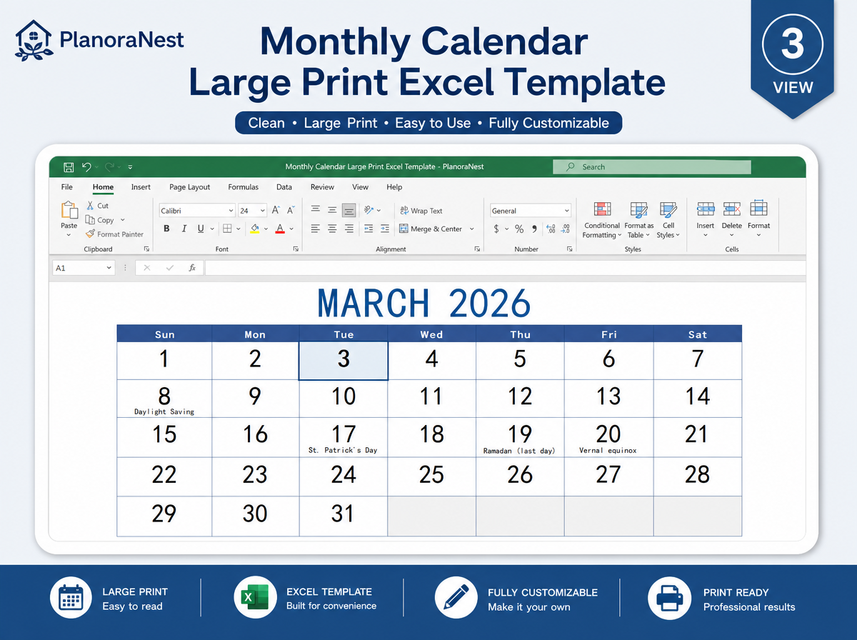 monthly calendar large print excel template — 3 sheet