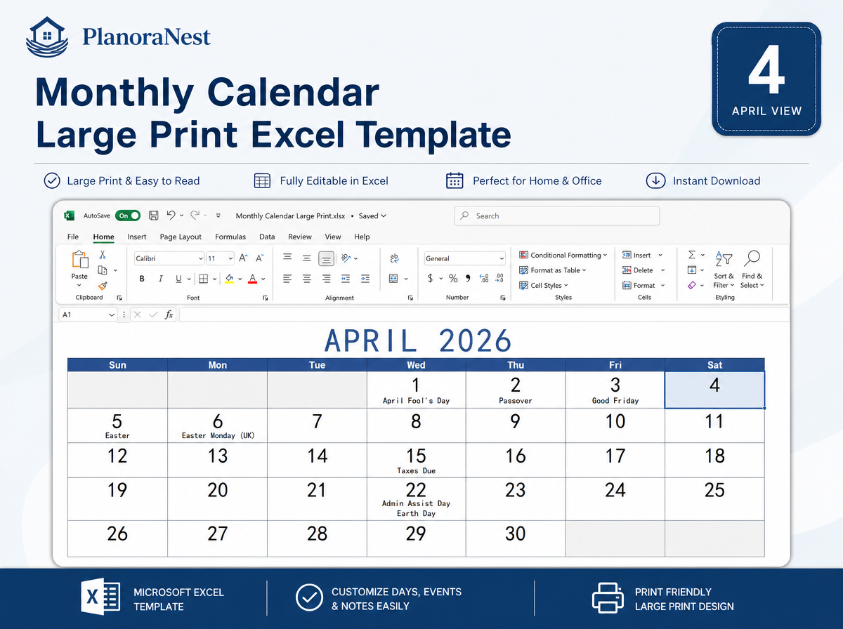 monthly calendar large print excel template — 4 sheet
