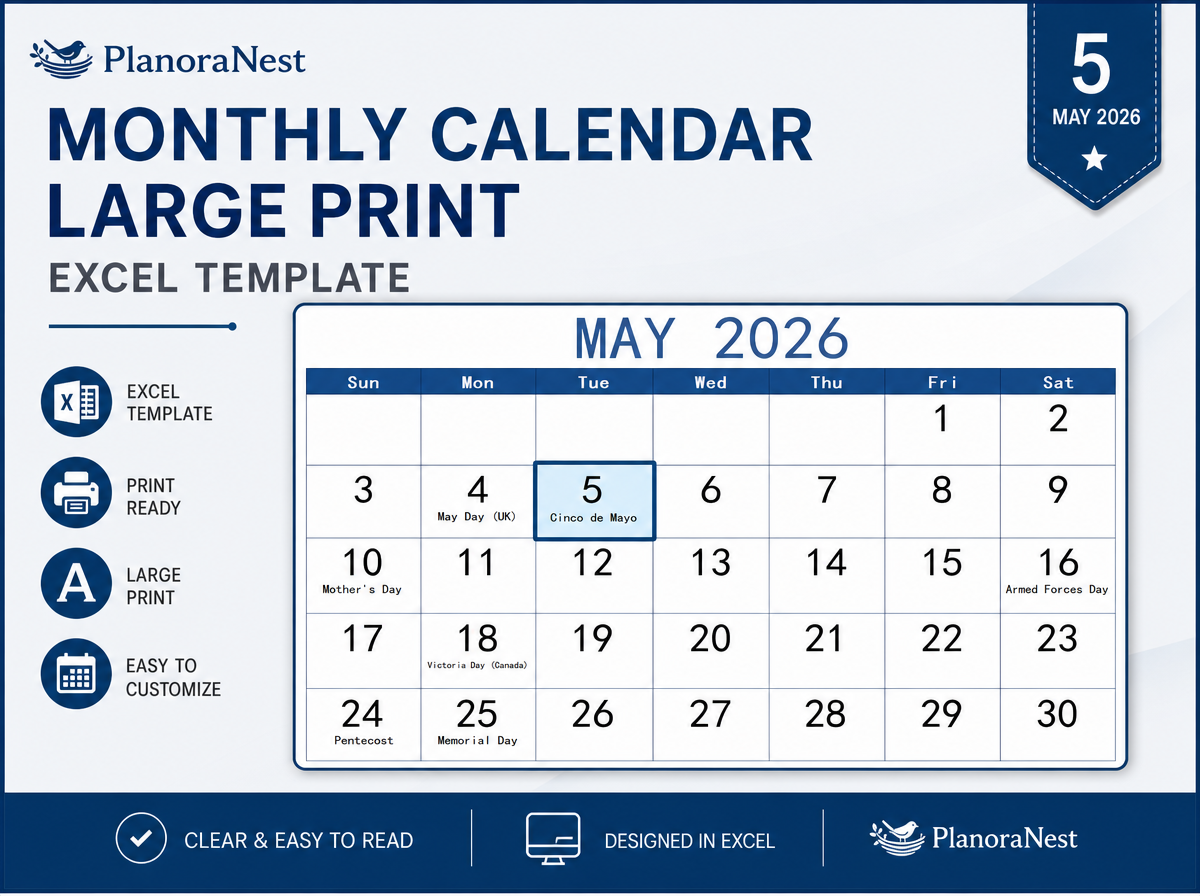 monthly calendar large print excel template — 5 sheet