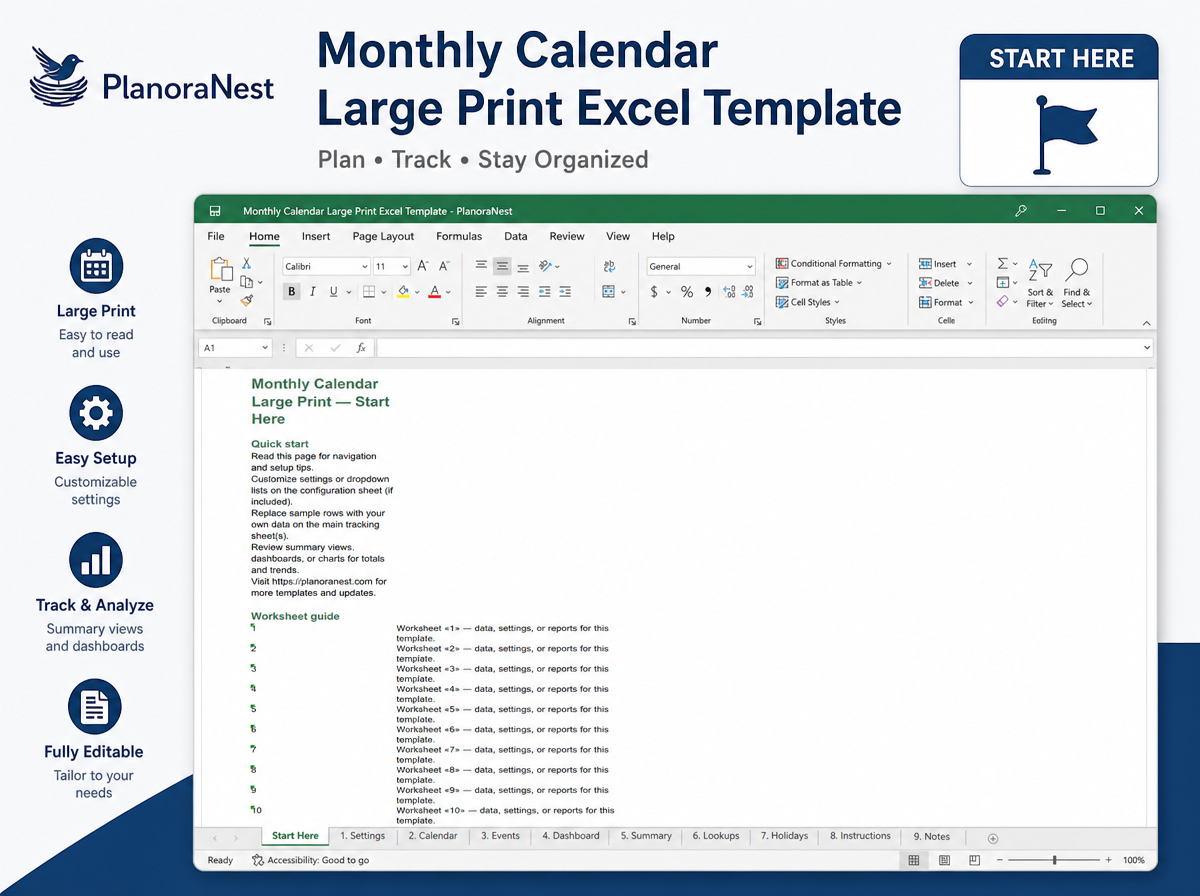 monthly calendar large print excel template — Start Here sheet