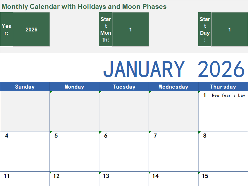 excel monthly calendar with moon phases template screenshot — PlanoraNest Excel template