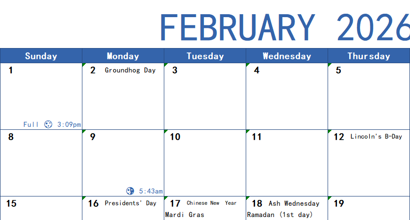 monthly calendar with moon phases excel screenshot — PlanoraNest Excel template