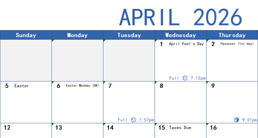 monthly calendar with moon phases excel screenshot — PlanoraNest Excel template