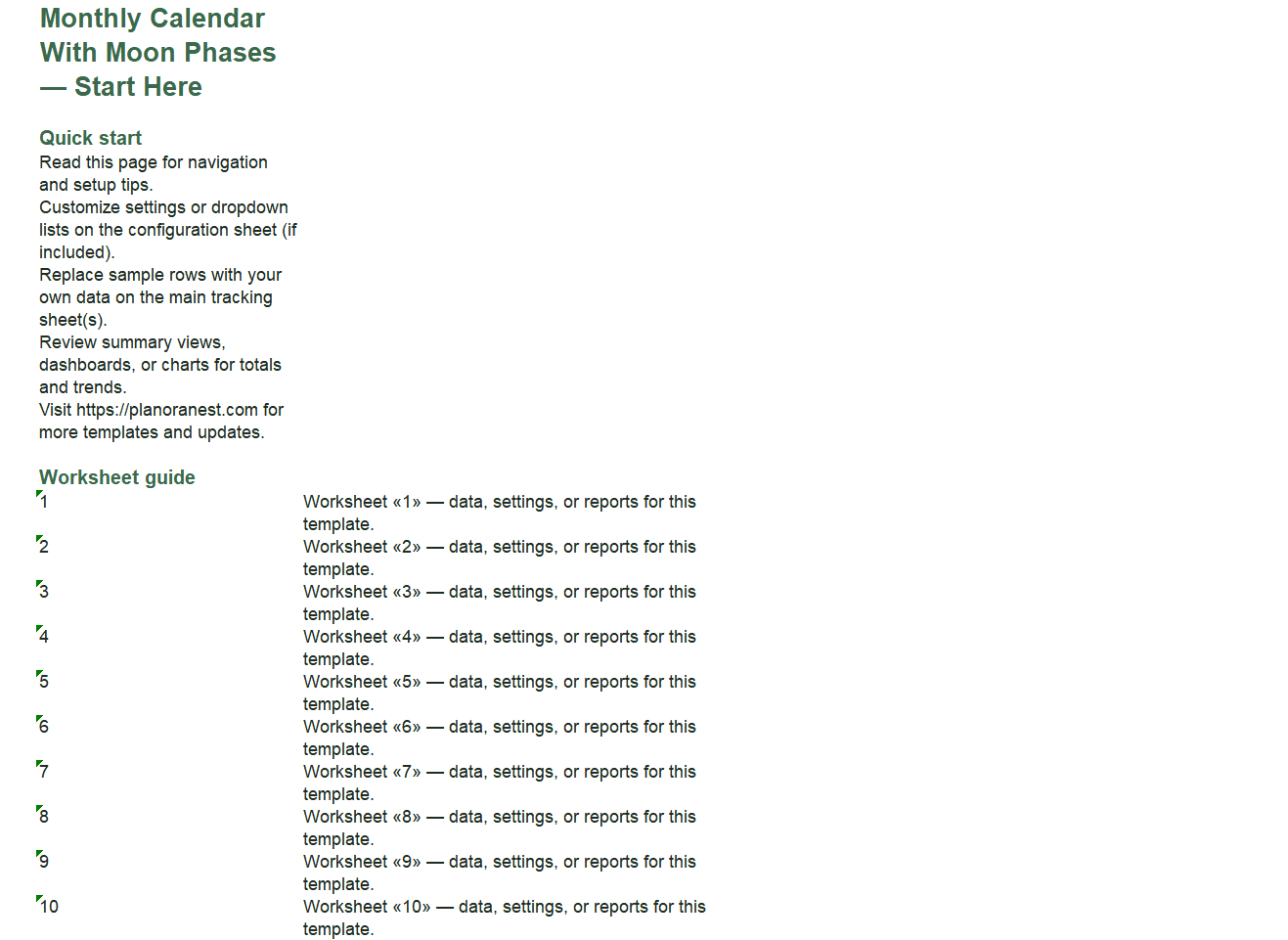 monthly calendar with moon phases excel start here screenshot — PlanoraNest Excel template