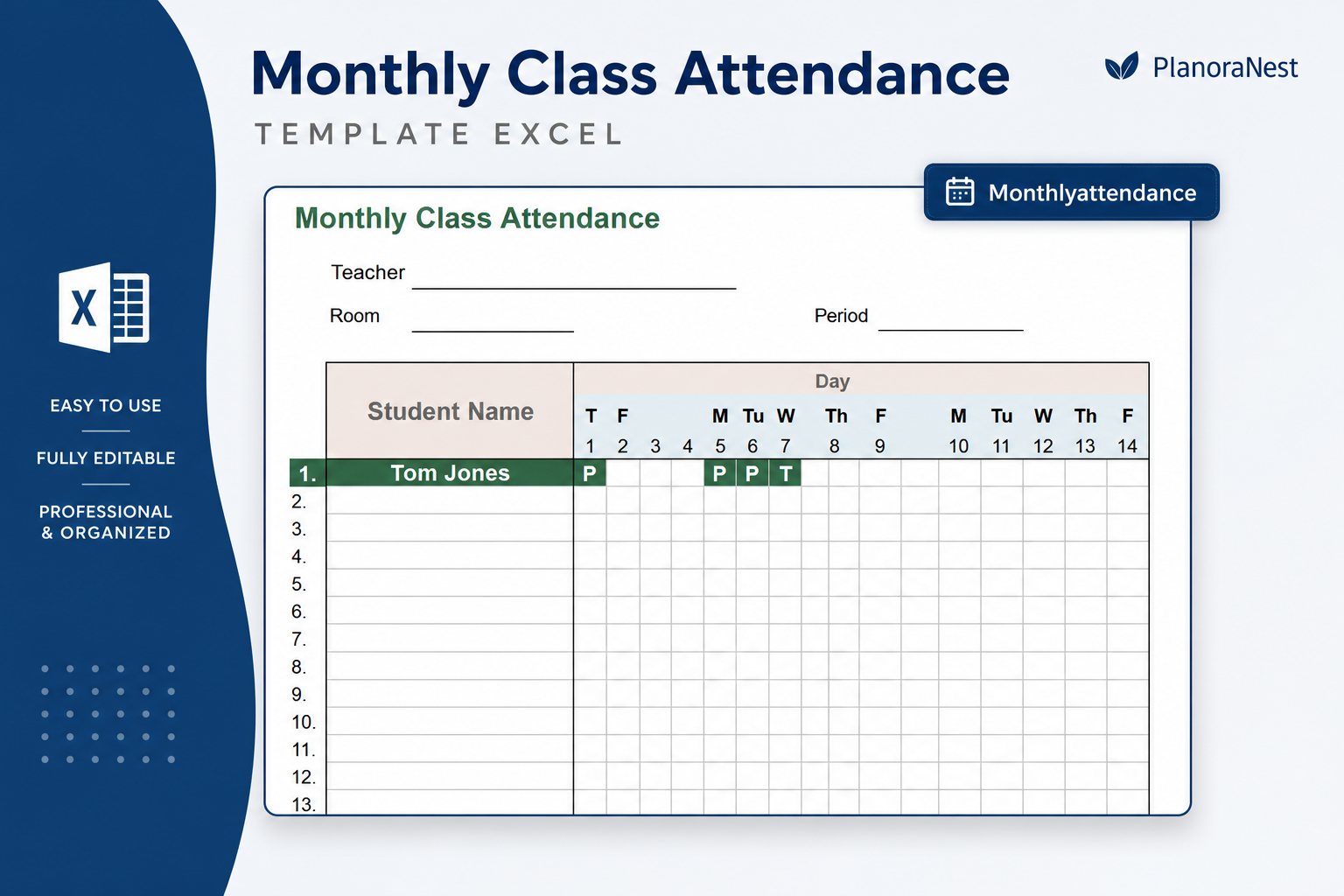 class-attendance-monthly-tracker-excel-format-download screenshot — PlanoraNest Excel template