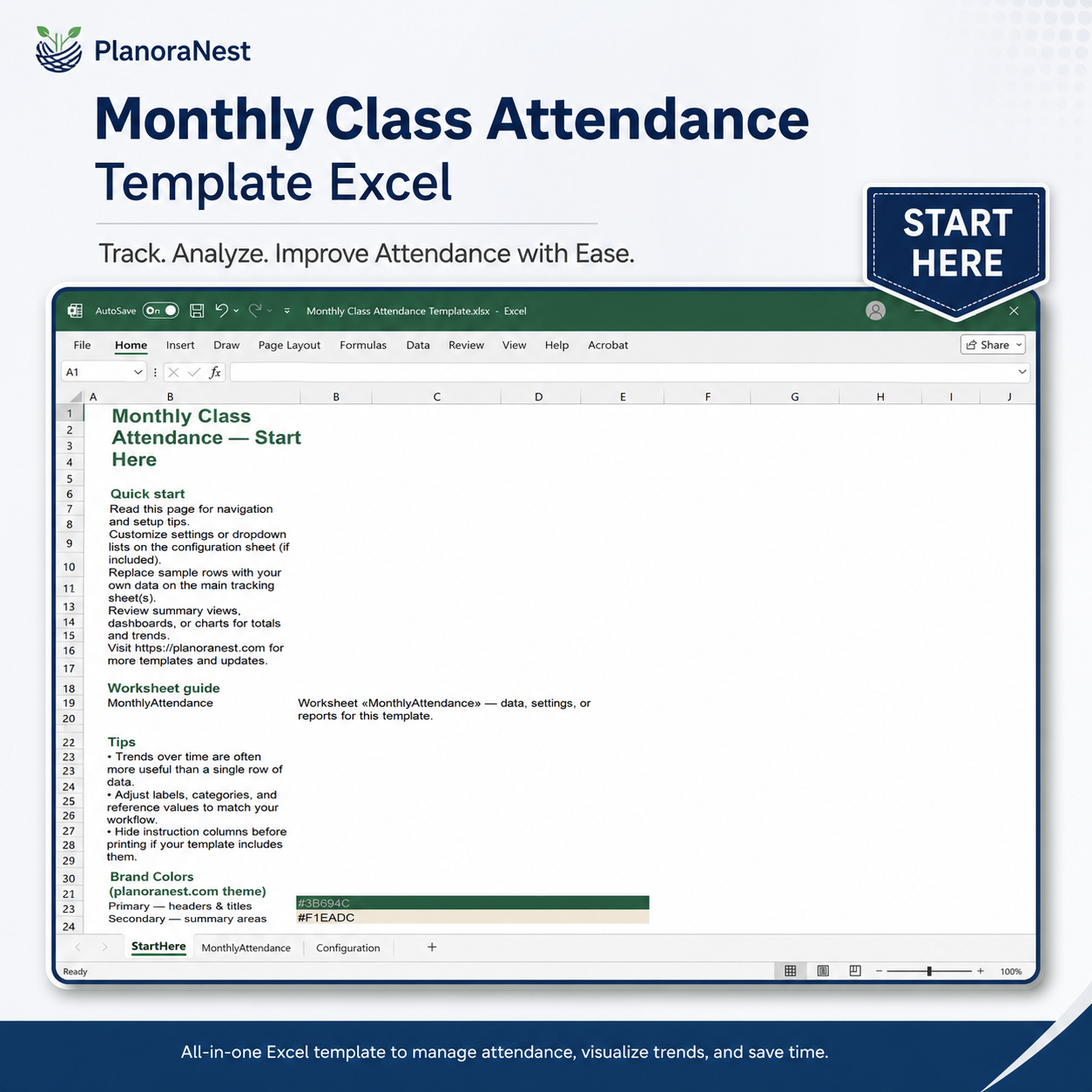 class-attendance-monthly-tracker-excel-format-download start here screenshot — PlanoraNest Excel template