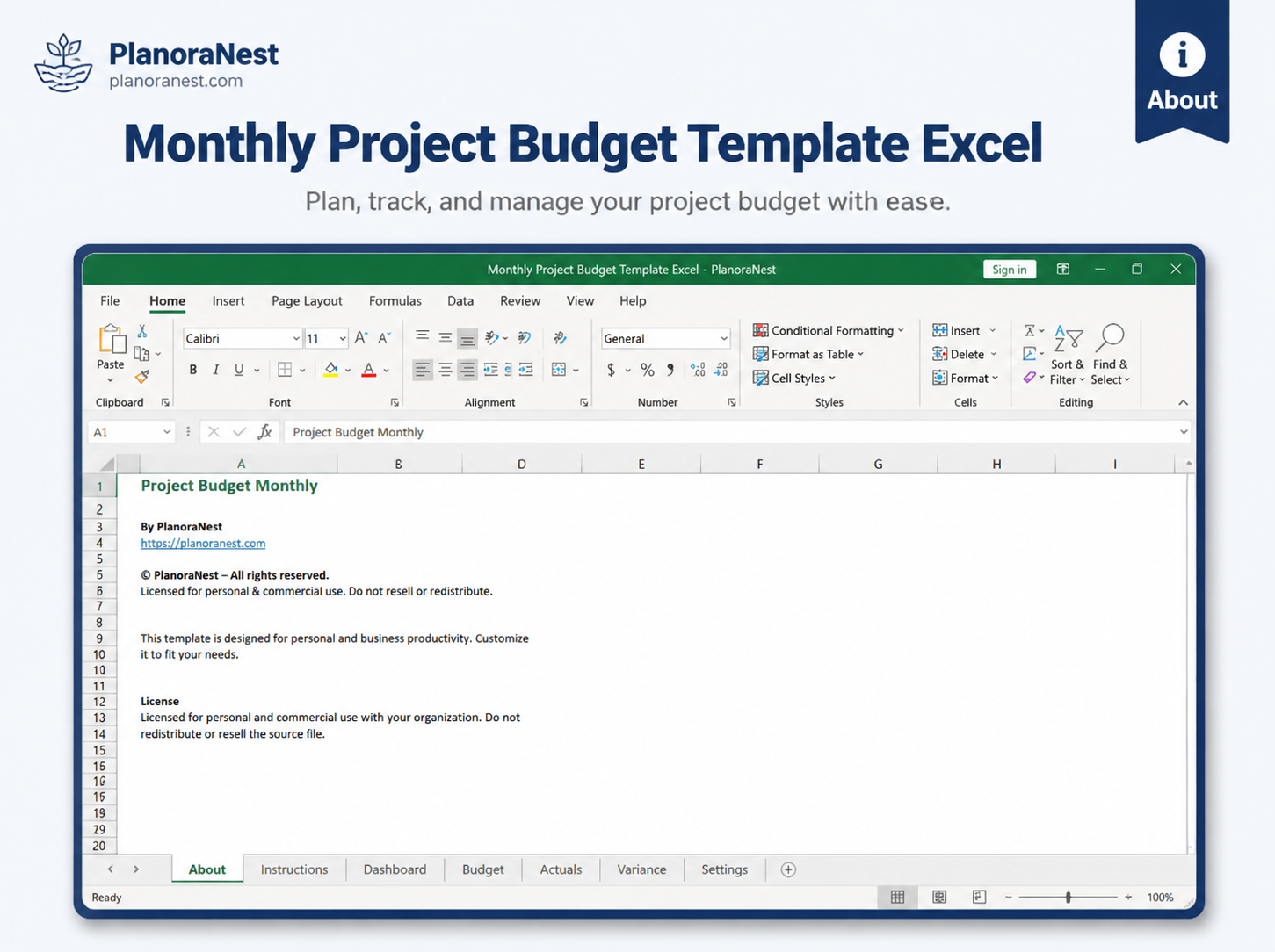 monthly project budget template excel — About sheet