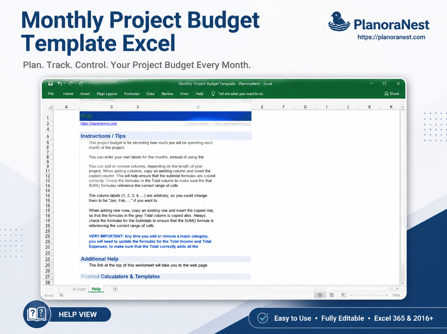 monthly project budget template excel — Help sheet