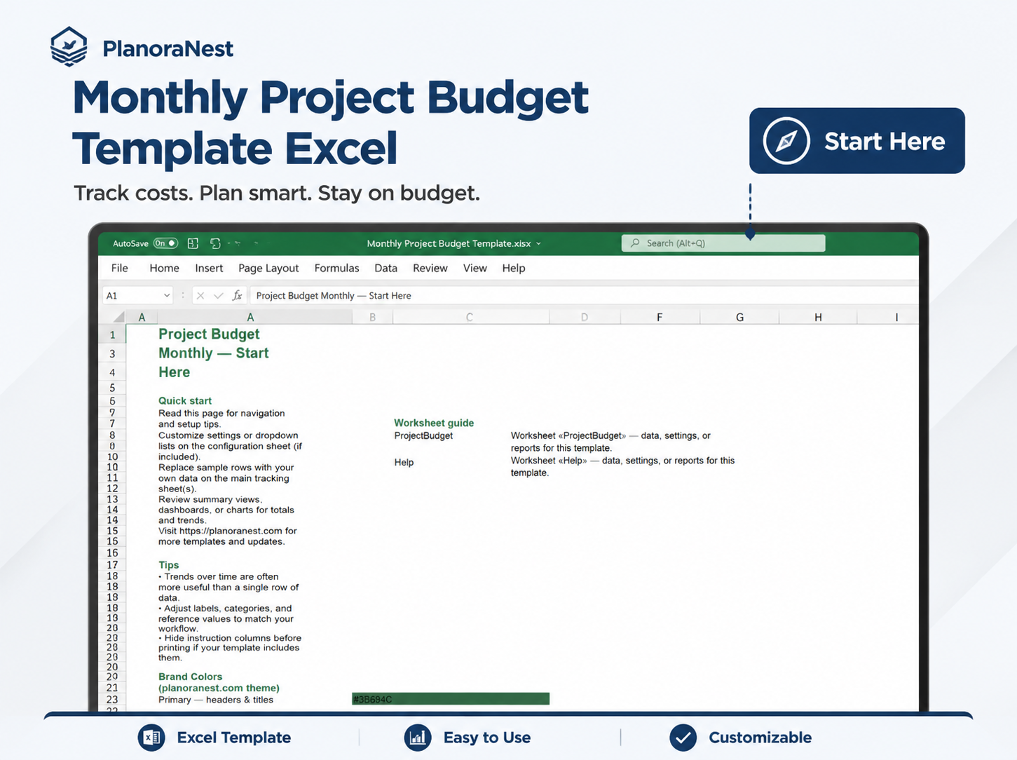 monthly project budget template excel — Start Here sheet