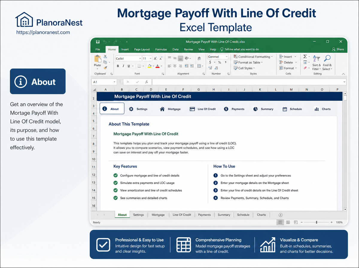 mortgage payoff with line of credit excel template — About sheet