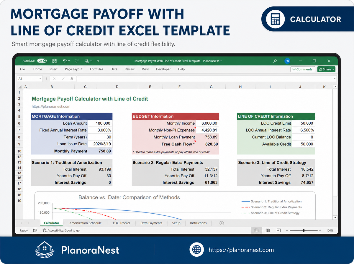 mortgage payoff with line of credit excel template — Calculator sheet