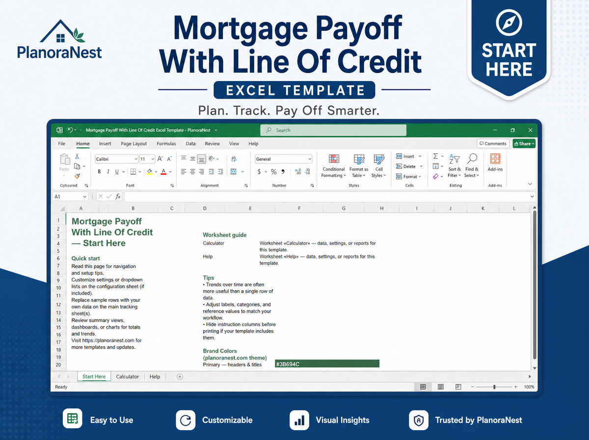 mortgage payoff with line of credit excel template — Start Here sheet