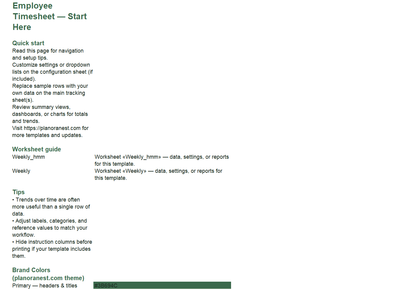 multiple employee weekly timesheet template excel — Start Here sheet