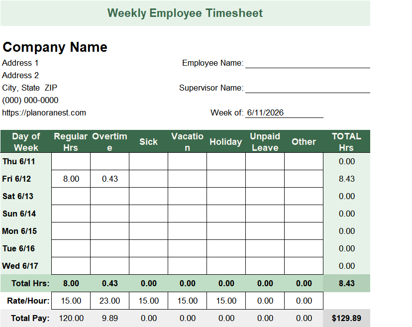 multiple employee timesheet template excel screenshot — PlanoraNest Excel template