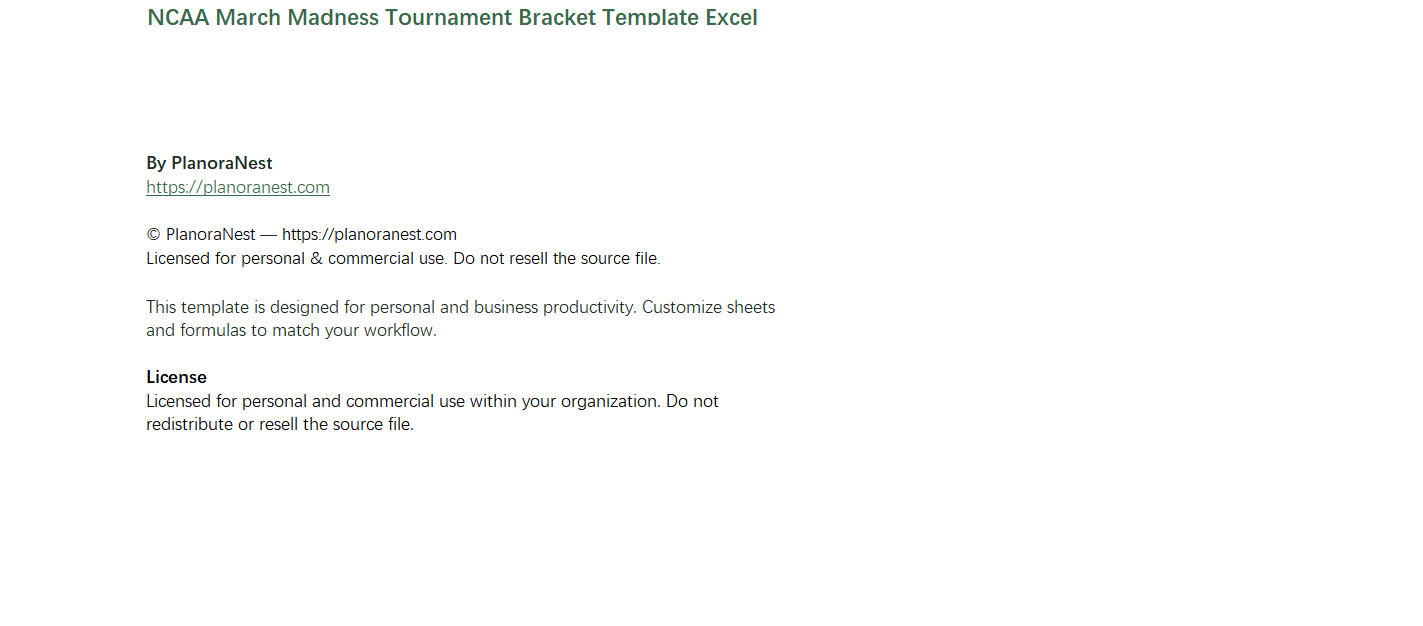 ncaa march madness tournament bracket template excel screenshot — PlanoraNest Excel template