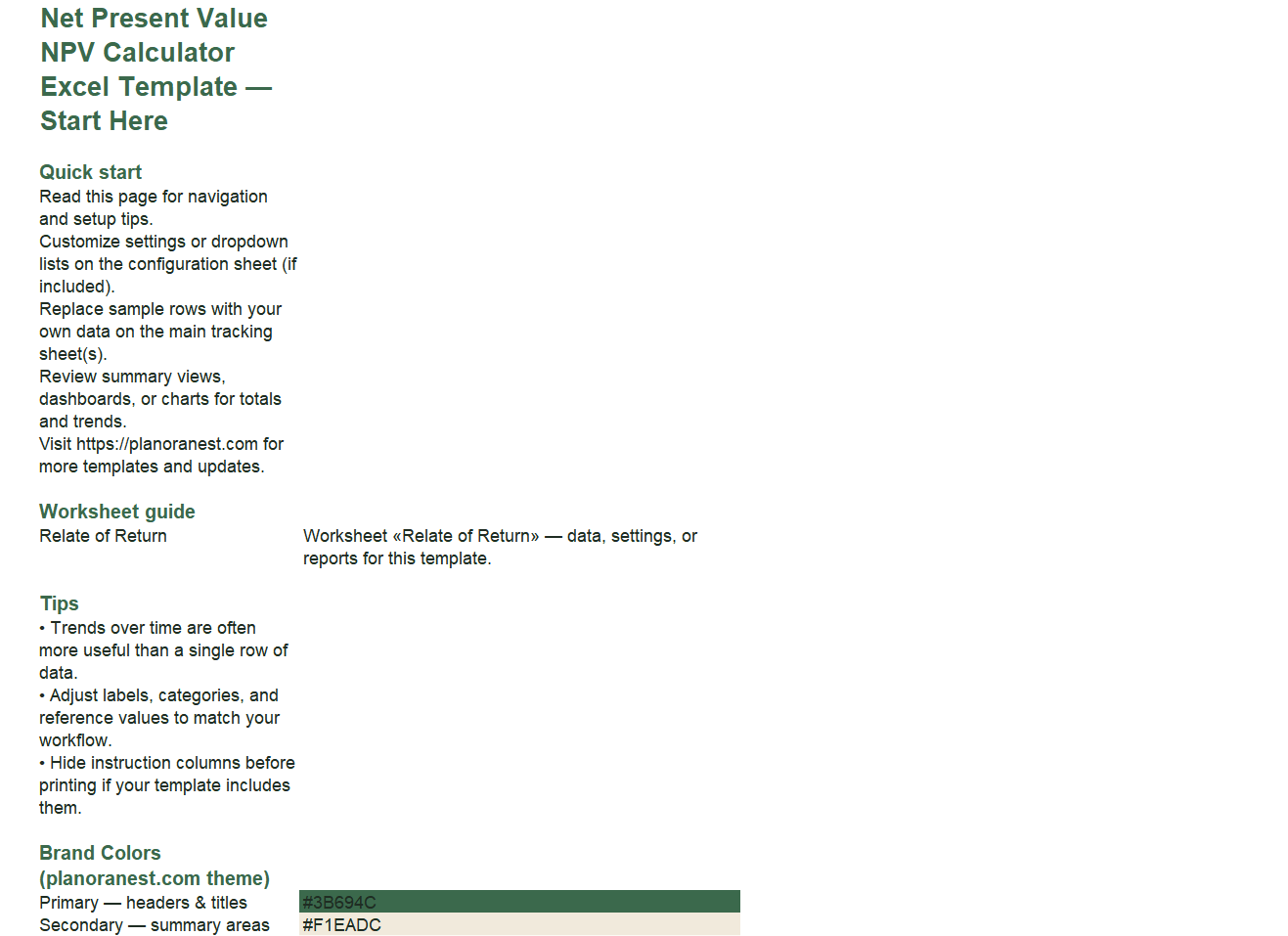excel net present value npv calculator template start here screenshot — PlanoraNest Excel template