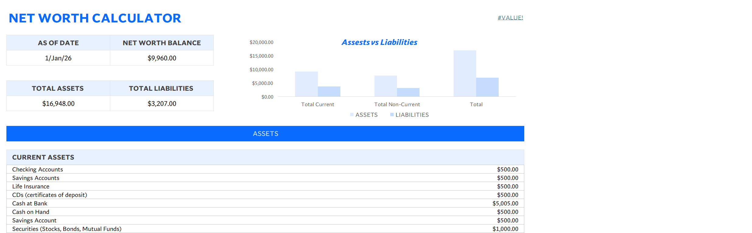 net worth calculator excel screenshot — PlanoraNest Excel template