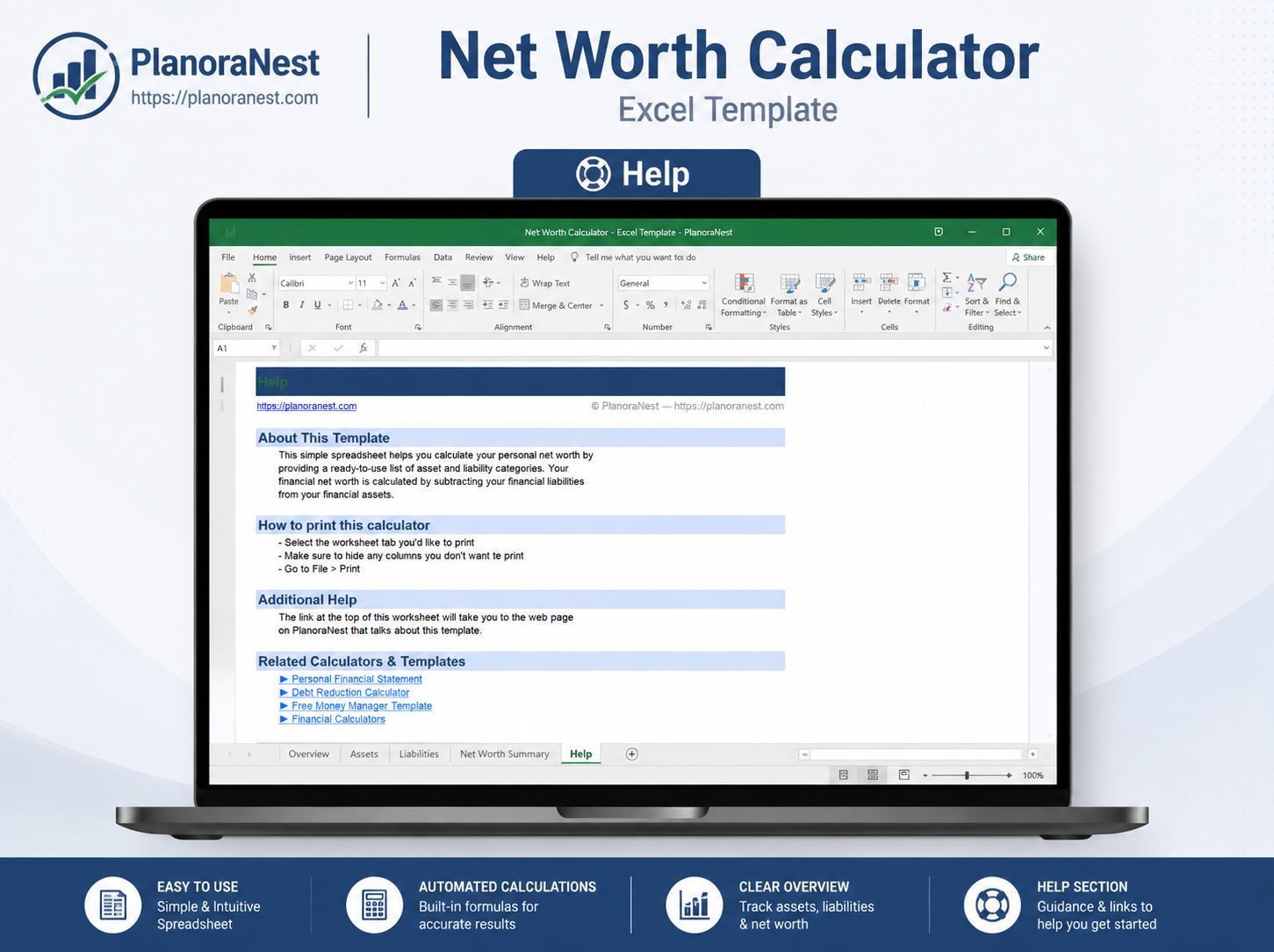excel spreadsheet net worth calculator screenshot — PlanoraNest Excel template