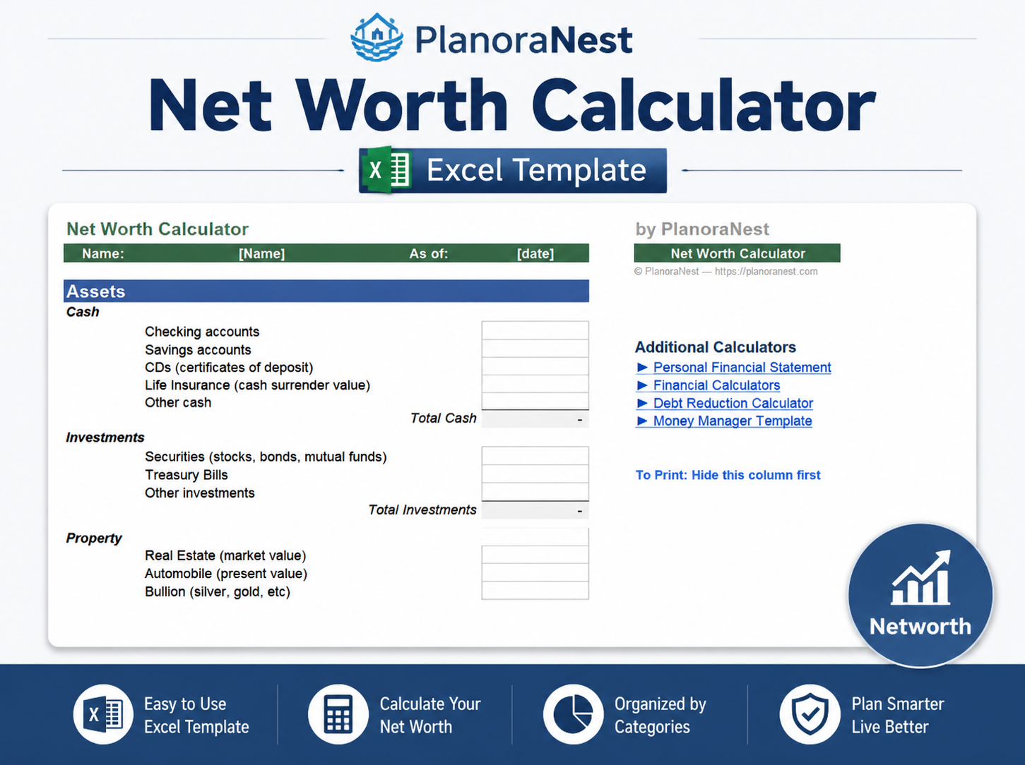 excel templates to calculate net worth screenshot — PlanoraNest Excel template