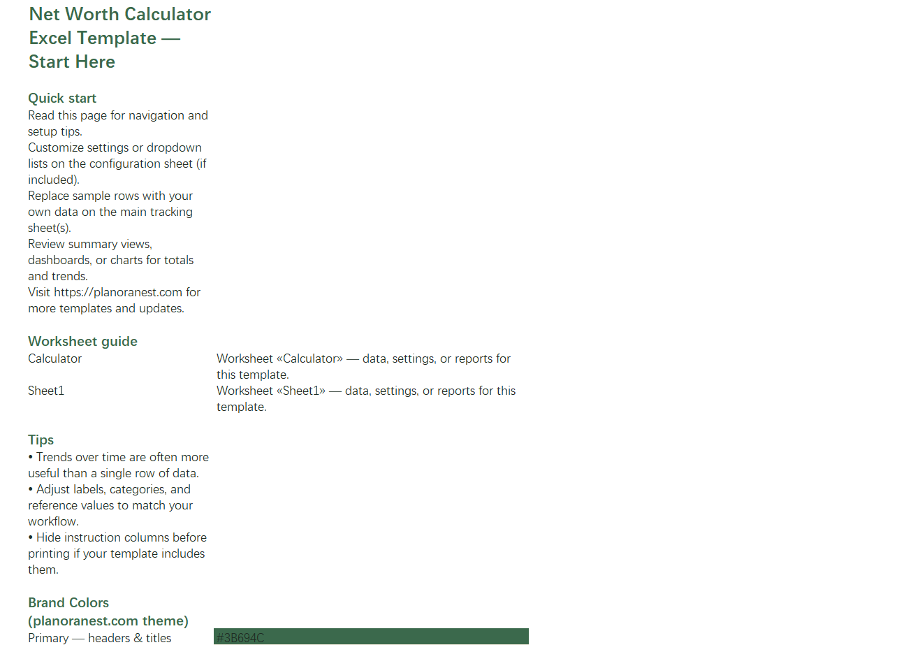 google spreadsheet net worth calculator start here screenshot — PlanoraNest Excel template