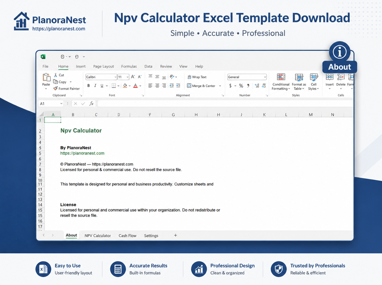 npv irr calculator excel template screenshot — PlanoraNest Excel template